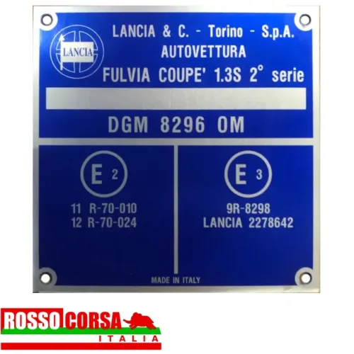 Aluminum identification plate for engine bay for Lancia Fulvia Coupè 1.3 S 2nd series 2 (818.630 – DGM 8296)