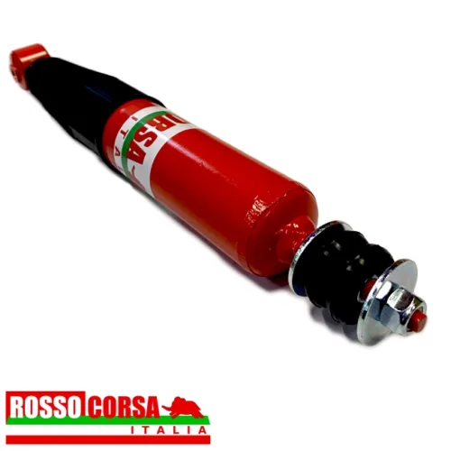 Ammortizzatori monotubo a gas: due anteriori, due posteriori componenti metallici cilindrici colore rosso, nero, logo Rosso Corsa Italia