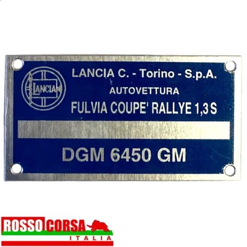 Targhetta in alluminio identificativa nel vano motore per Lancia Fulvia Coupè 1.3 Rallye S (motore 818.360 – DGM 6450)