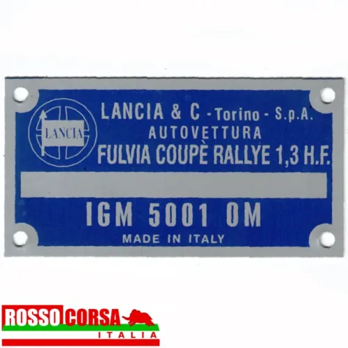 Targhetta alluminio identificativa nel vano motore per Lancia Fulvia Coupè 1.3 Rallye HF (818.340 – IGM 5001)