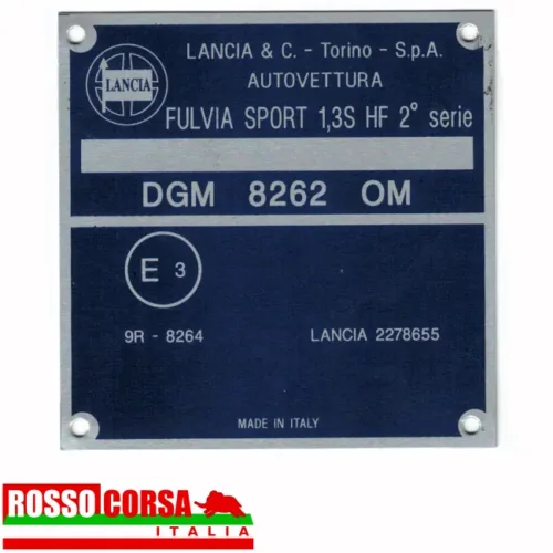 Targhetta in alluminio identificativa nel vano motore per Lancia Fulvia Sport 1.3 S HF 2°serie (motore 818.650 – DGM 8262)