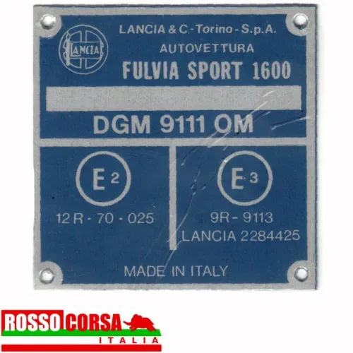 Targhetta in alluminio identificativa nel vano motore per Lancia Fulvia Sport 1600 (motore 818.750 – DGM 9111)