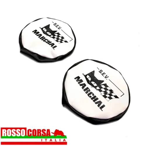 Coppia coperture protezione fari supplementari finta pelle bianco e nero personalizzate con marchio S.E.V. Marchal